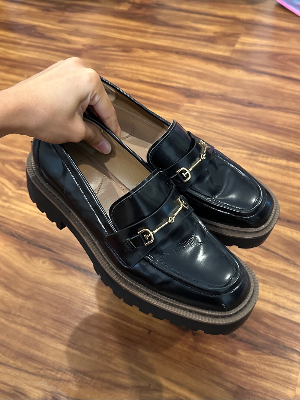 Steve Madden Black Patent Chunky Loafers with Gold Bit